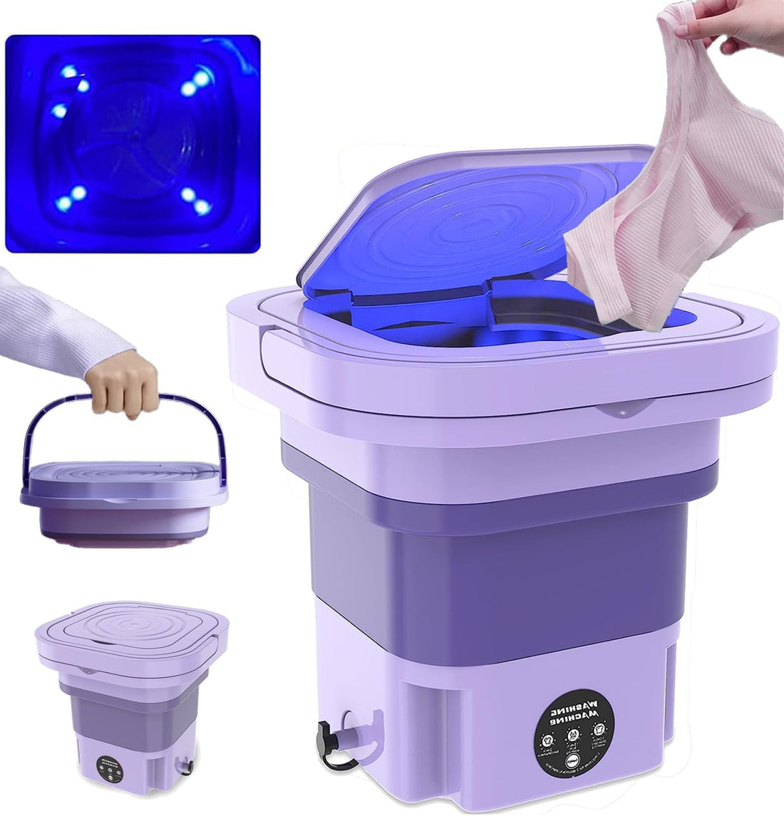 NALACAL Portable Foldable Washing Machine, 8L High Capacity Mini Washer with 3 Modes Deep Cleaning Half Automatic Washt, UV Washing Machine with Soft Spin Dry for Socks, Baby Clothes, Towels (Purple)