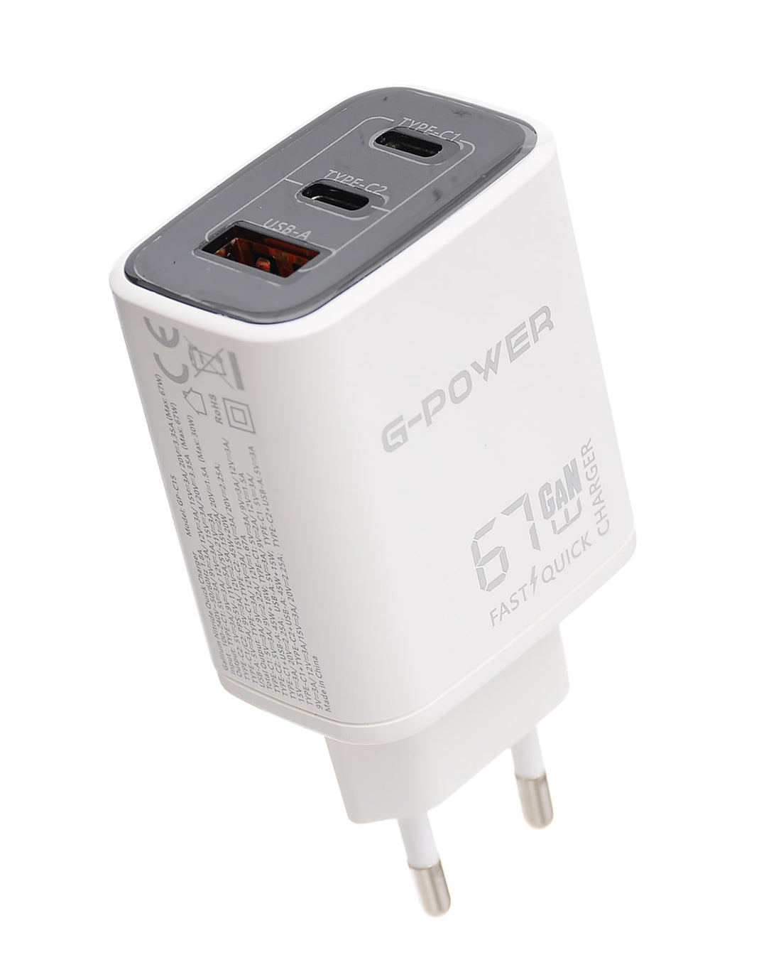 G-Power GP-C15 67W 3-Port Charger (USB-A and 2USB-C) Qualcomm Quick Charge 3.0 Compatible with MacBook Pro, iPad, Galaxy, Pixel, iPhone and More - White Black