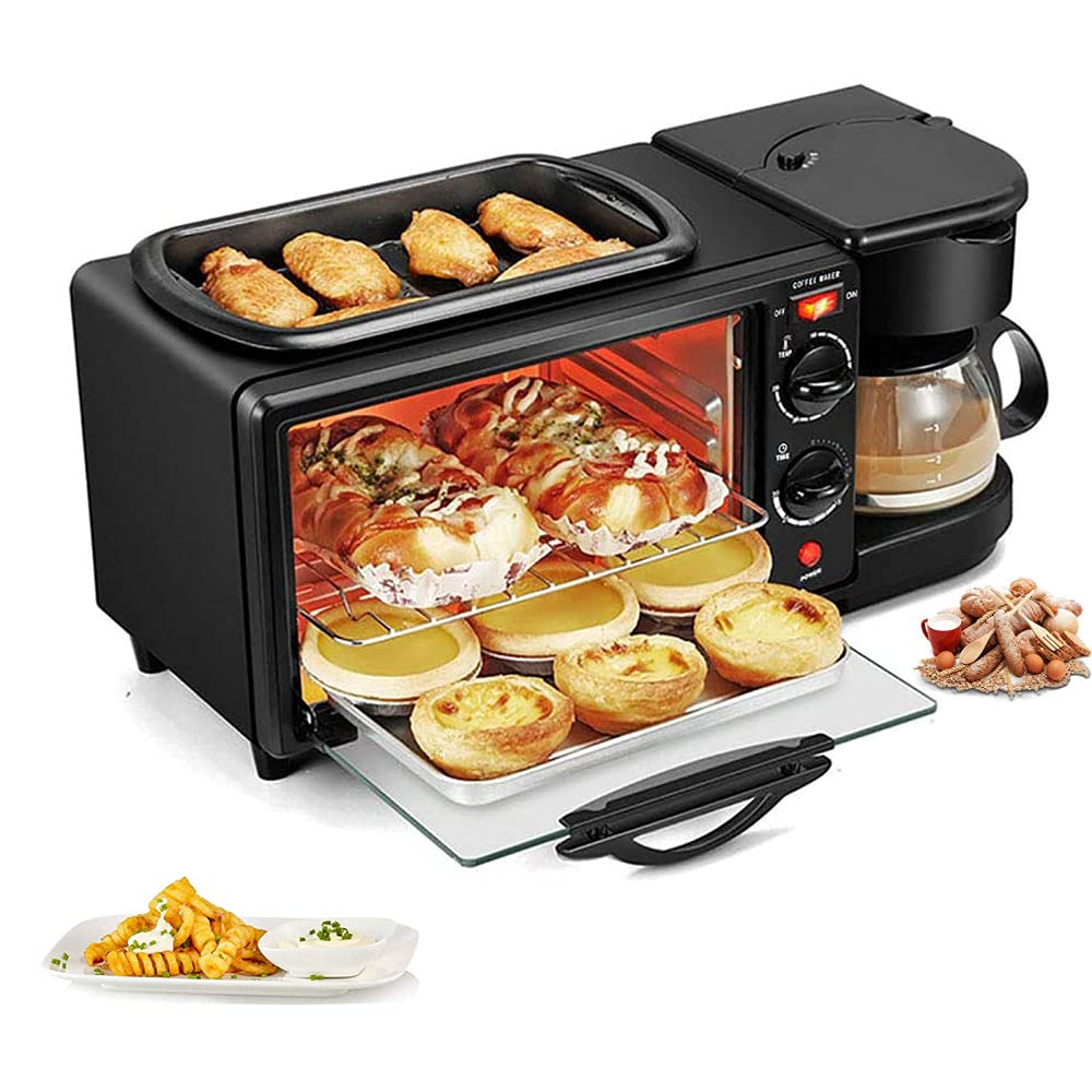 3 in 1 Mini Oven, Tabletop Oven, Electric Cooking Ovens, Coffee Maker, Toaster, Non-Stick Iron, Table Ovens Make a Complete Breakfast for Family, Black, Without Lid