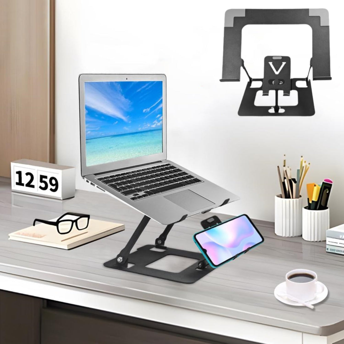 Foldable Metal Laptop Stand, 27.8 x 21 cm, Black and Silver, for Mobile Devices and Phones