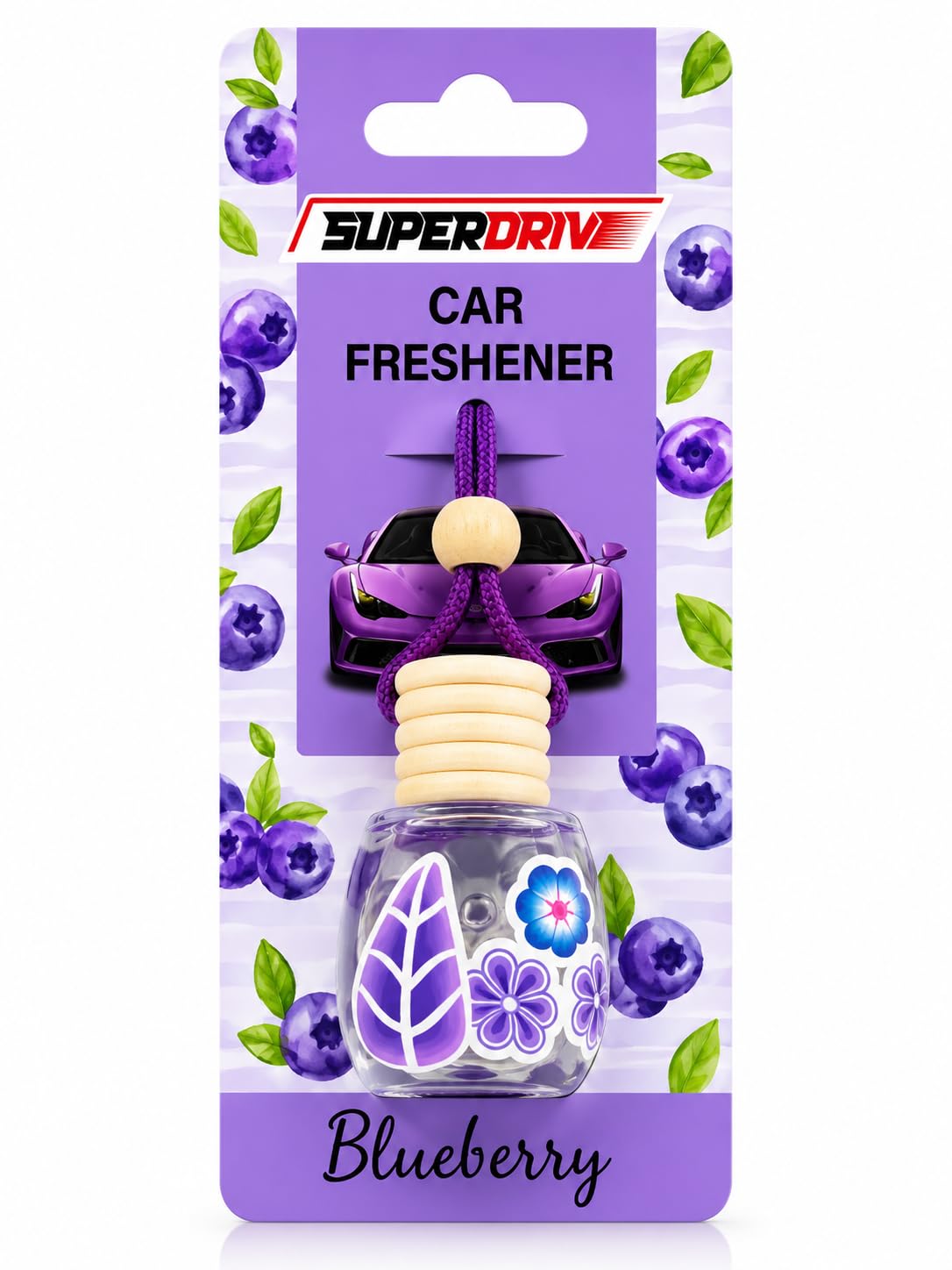 Superdrive Car Air Freshener on Mirror with Fragrant oils with Wooden Diffuser Lid ,Blueberry , Transparent