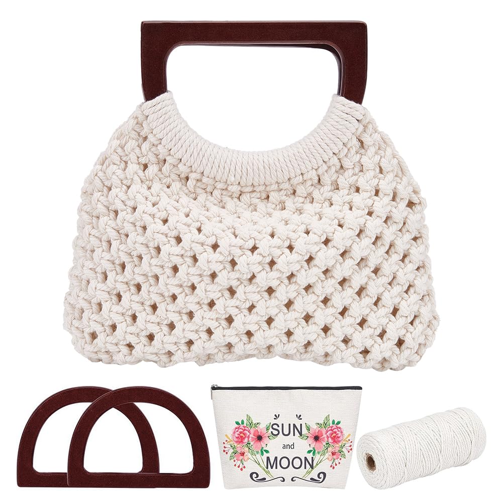 WEBEEDY Macrame Bag DIY Kit for Adults Beginners Macrame Purse Kit for Women/Girls Macrame Handbag with Wooden Handle Starter Crafts Supplies Set for Boho Gift Ideas (Natural)