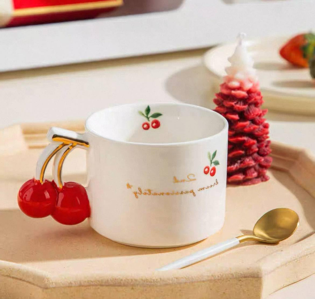 Decorative Porcelain Coffee Cup with Cherry Design, White and Red, Gold .rom