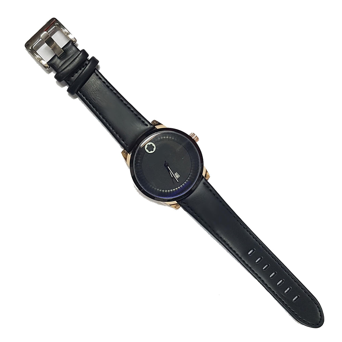 Luxury Men's Wrist Watch, Blue Dial, Black Leather Strap, Rose Gold Bezel