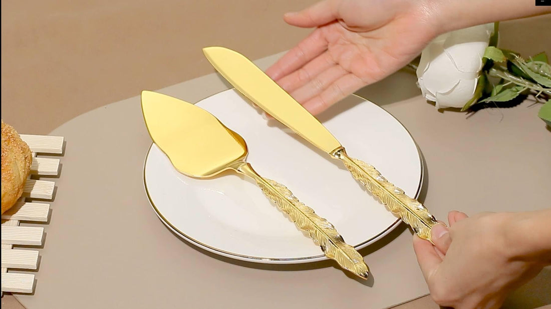 Generic Gold Cake Knife and Server Set, 2 Pieces with Crystal Handle, Large Size, .abe