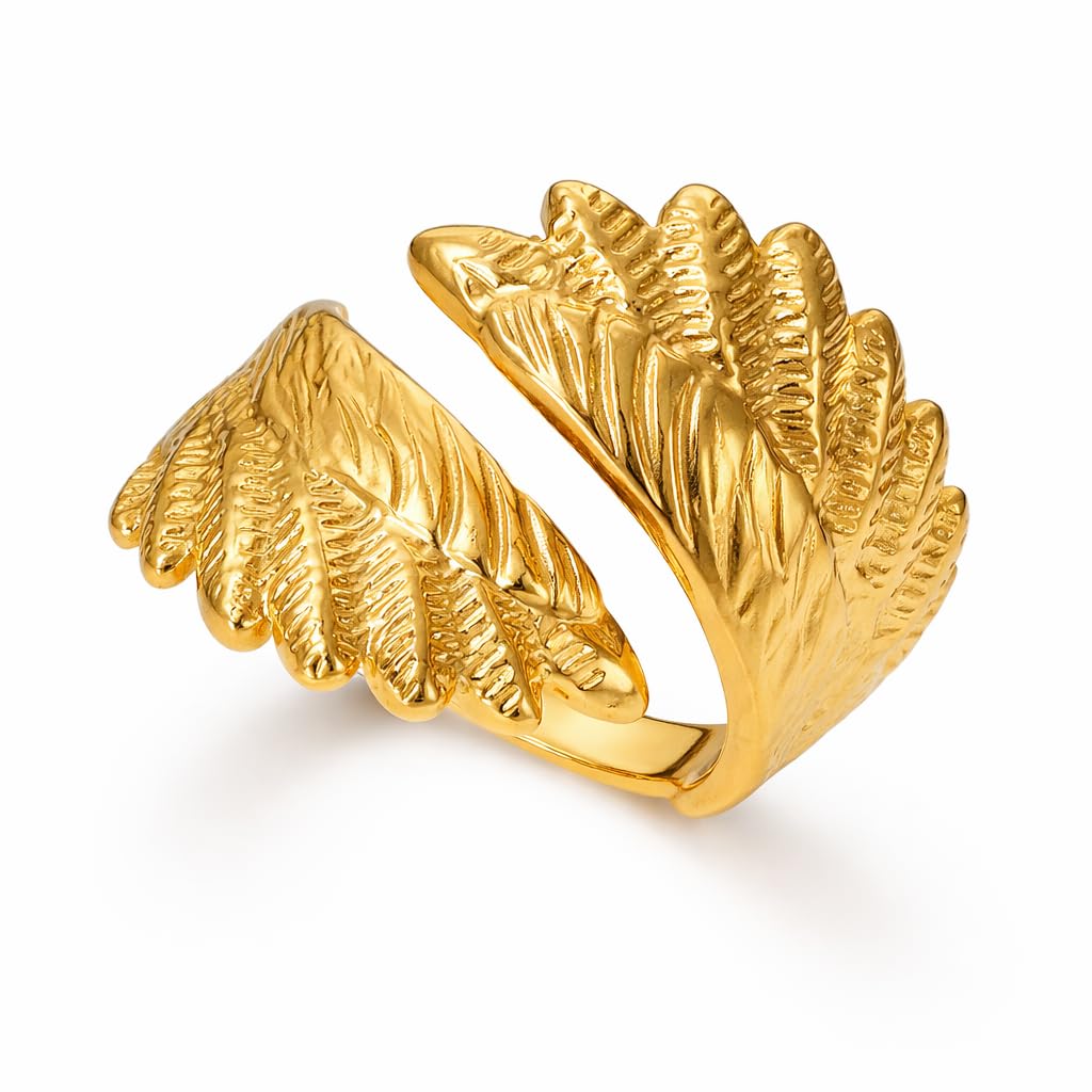 Adjustable stainless Steel Angel Wings Ring for Women - Feather Open Statement Ring