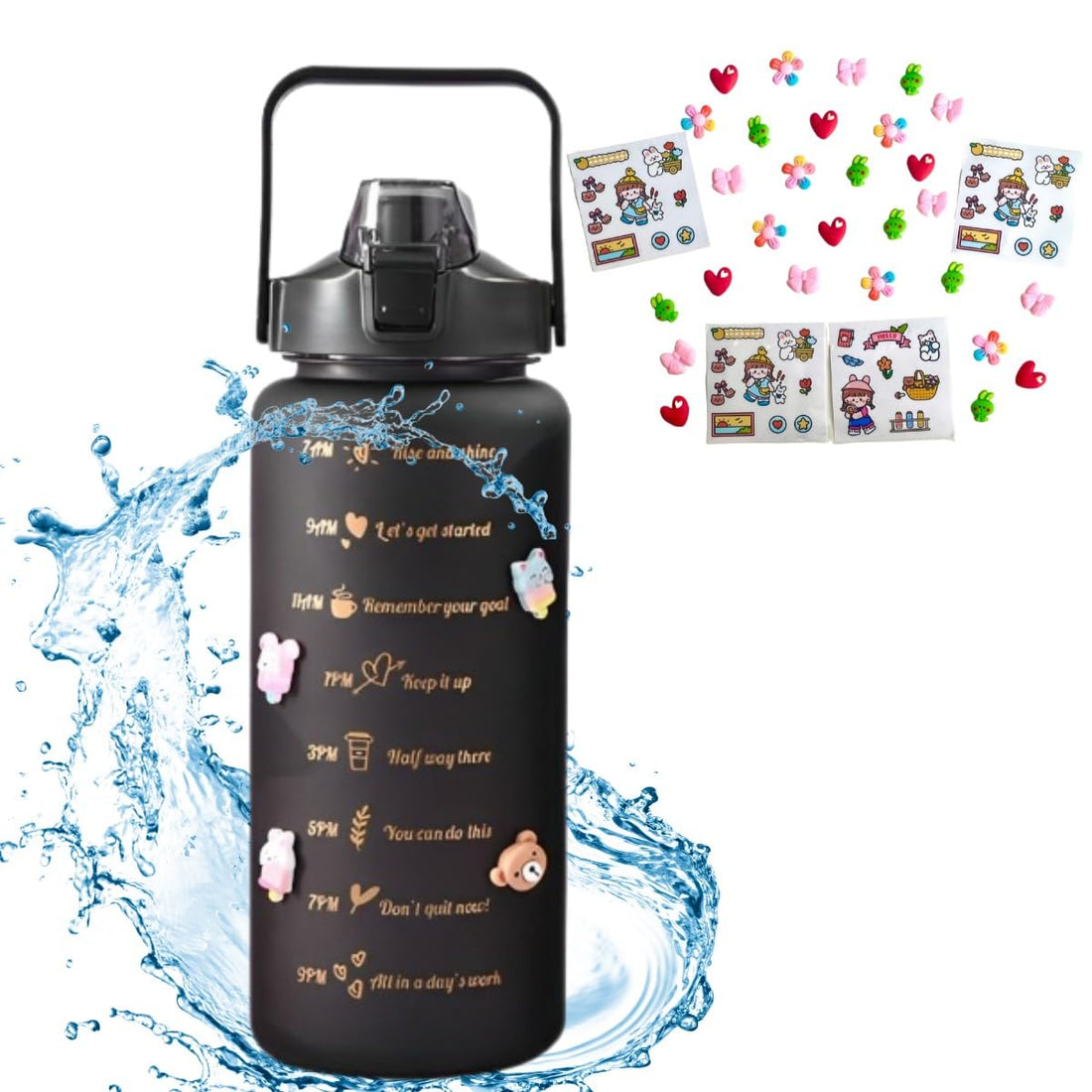 Bpa Free Sports Water Bottle, Water Bottle with Straw 2L, with Pins and Stickers, Water Bottle for Children with Motivating Time Marker, Gym Bottle Pack 1 Black Bottle