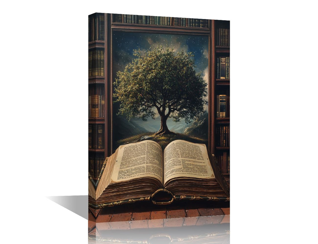 TISHIRON 1 Panel Tree of Life Wall Art 1 Piece Antique Book Pictures Canvas Print Bookshelf Artwork for Home Walls Framed Painting for Bedroom Office Decorations, 24x16in
