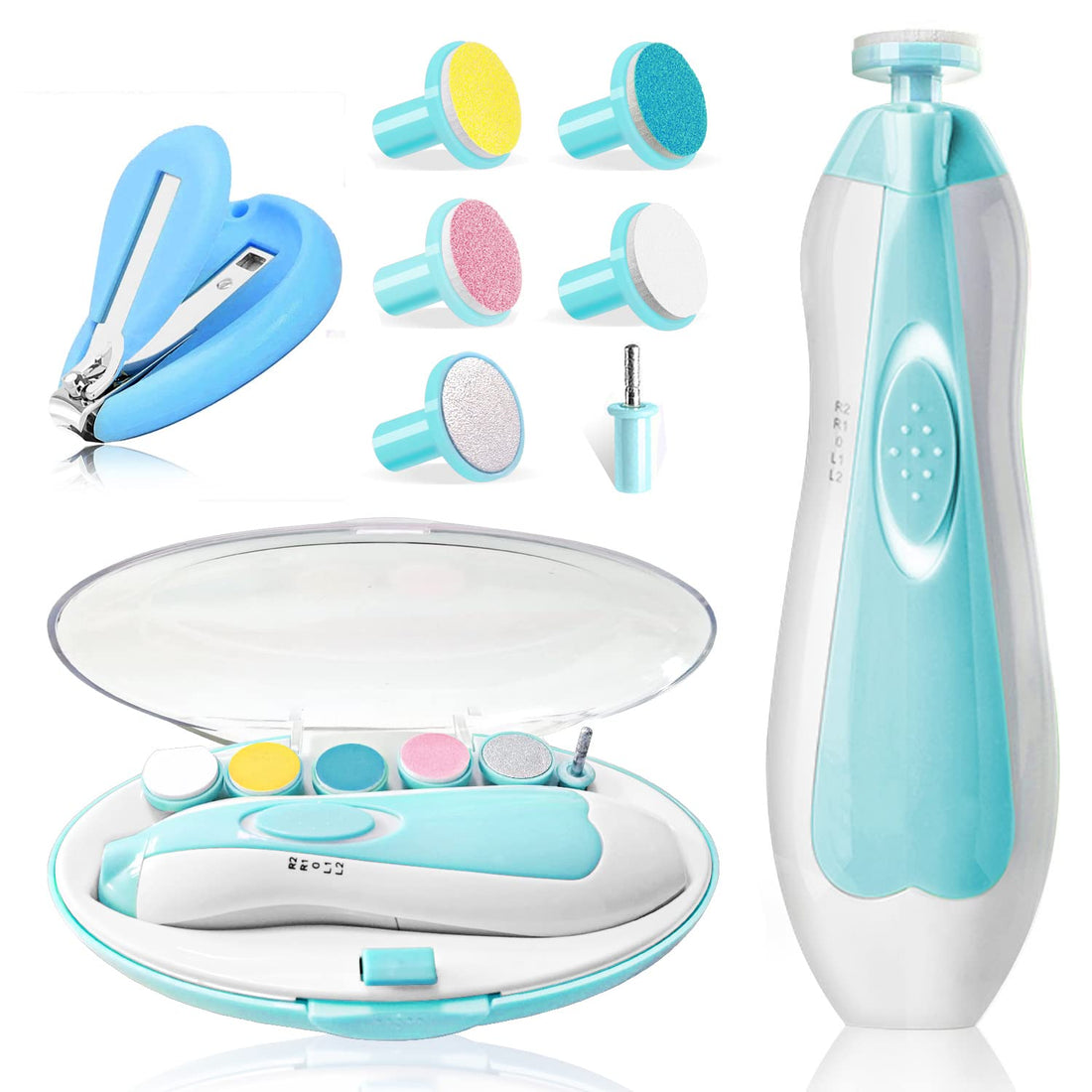 Baby Nail Trimmer Electric,Safe Baby Nail Manicure Set with Nail Clippers,Toes Fingernails Care Trim Polish Grooming Kit for Newborn Kids Adult,Grinding Heads & LED Light