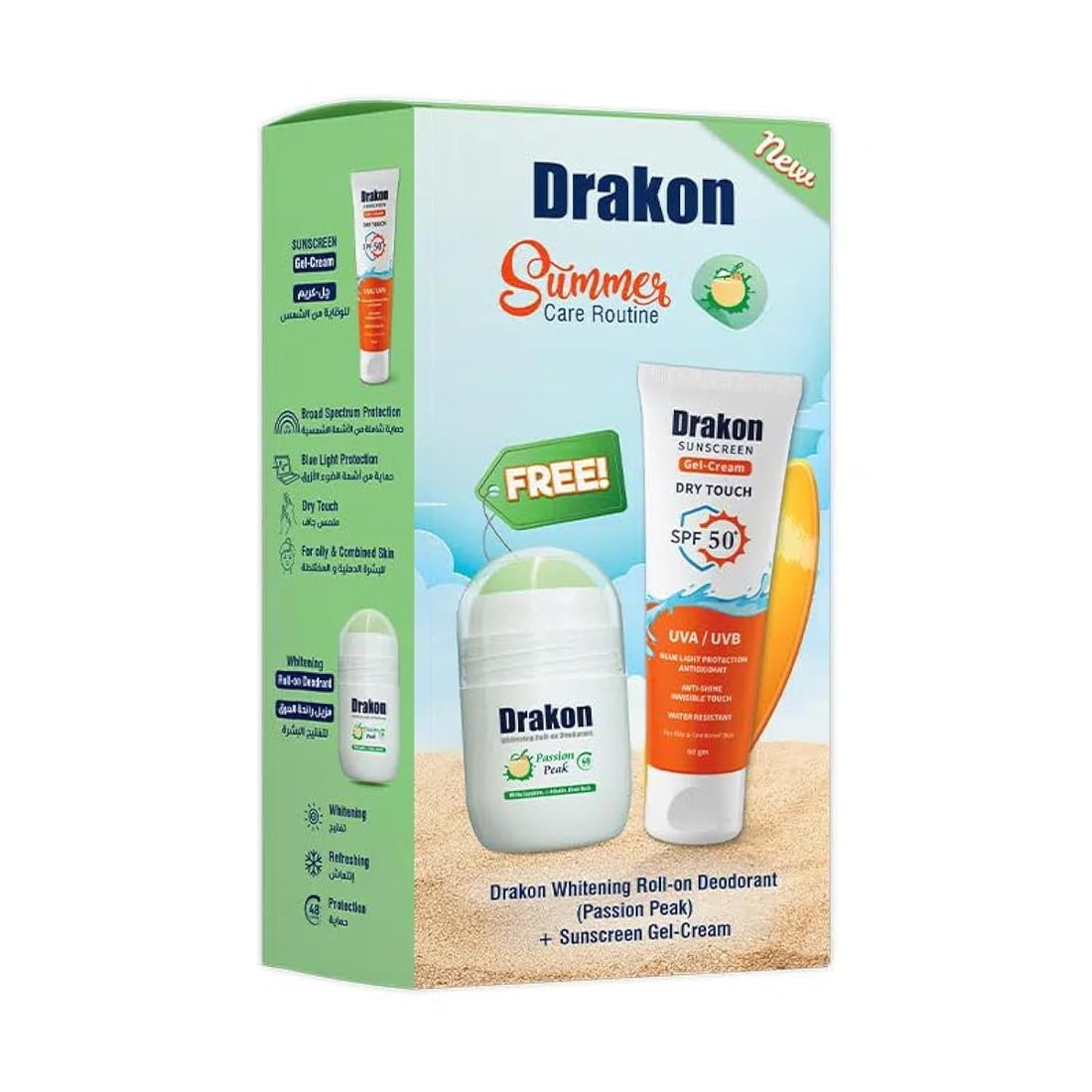 Drakon Roll-On Deodorant Passion Peak + Sunscreen Gel Cream Dry Touch SPF50+ UVA/UVB & Blue Light Protection For all Skin Type, (1+1) Promopack - 50ml +60gm