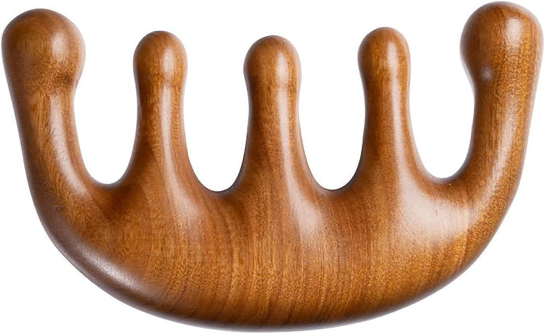 Wooden Massage Comb, Round Scalp Massager with Wide Teeth, Traditional Gua Sha Manual Lymphatic Drainage Tool, 9.5cm Brown Handheld Acupressure Massage Tool