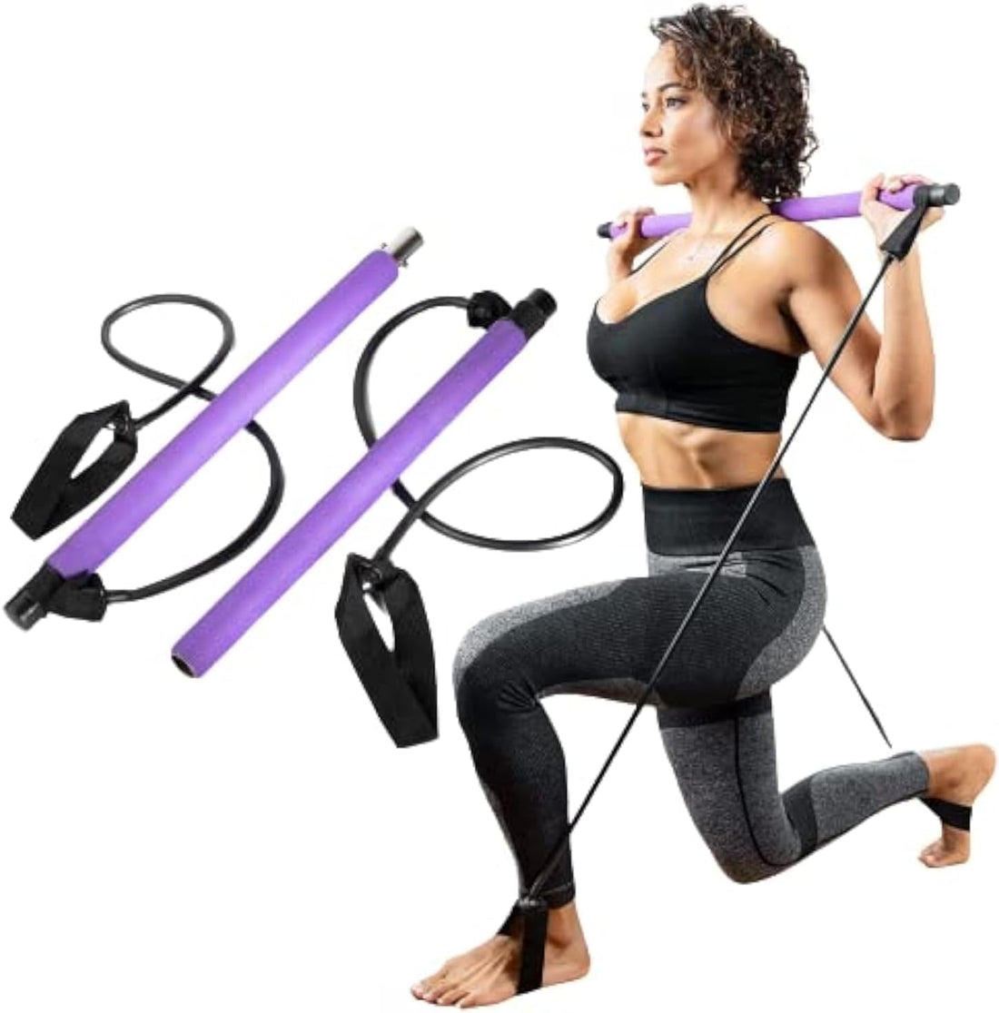 TRUE FIT®A sturdy Pilates exercise stick, excellent non-slip from First Fit, a resistance band for yoga with two power wire bands and foot rings for a full body workout.