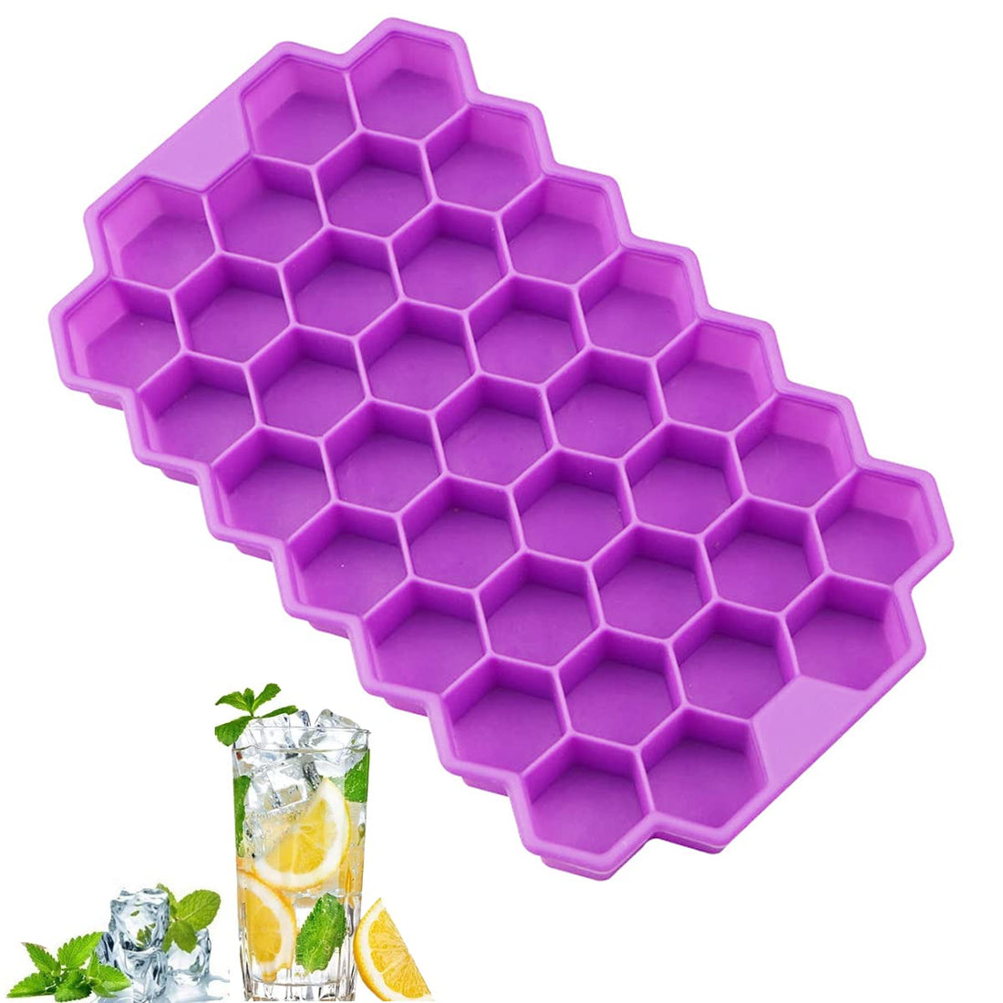 ECVV Silicone Flexible Ice Cube Trays with Lid, 37 Cubes Ice Trays for Chilled Drinks, Whiskey & Cocktails, Stackable honeycomb shape Safe Ice Cube Trays (Purple)