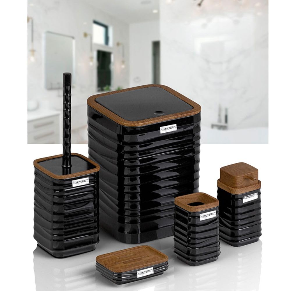 Luna 5 Piece Square Bathroom Set (Soap Dish, Soap Dispenser, Trash Bin, Toilet Brush and Holder, Toothbrush Holder), with Wooden Lid - Assorted Colors