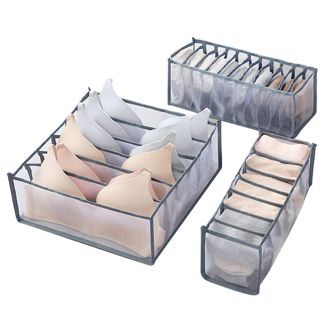 Arabest Underwear Drawer Organizer, Bra Storage, Underwear Storage Box, 3 Pieces Set of Large Capacity Foldable Closet Drawer for Clothing Underwear Bras Socks, Compartment Storage Boxes (gray)