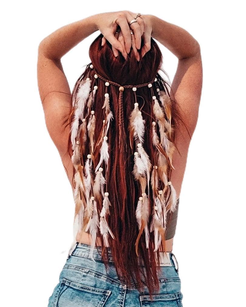 Khazna Feather Hairband Indian Gypsy Headband With White and Brown Tassel Hemp Rope for Festival Masquerades Carnival Hippie Costume Women's Hair Prom Accessories