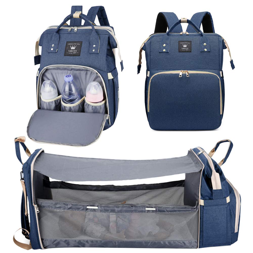 3 in 1 Diaper Bag Backpack Foldable Baby Bed, Blue