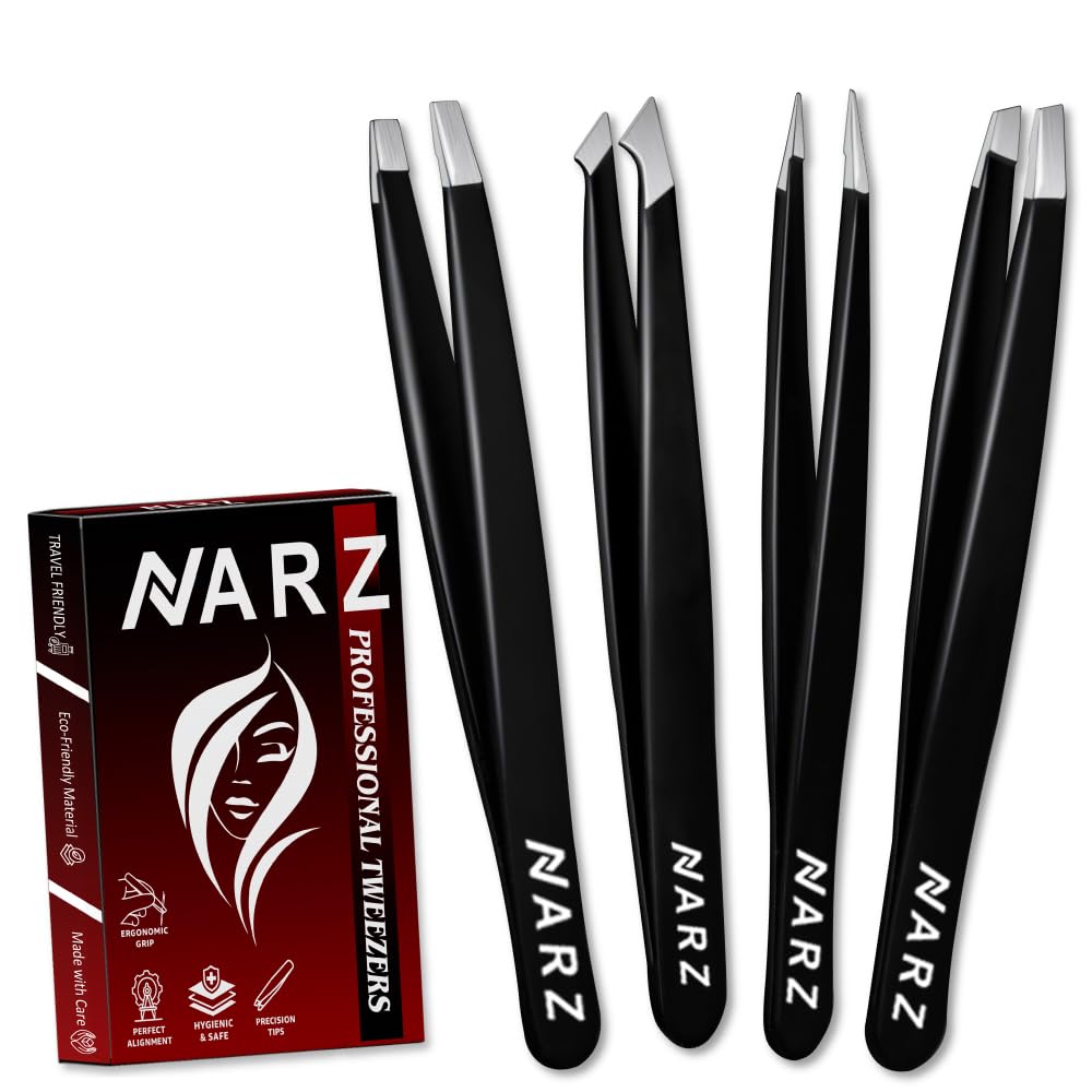 NARZ Professional Facial Hair Tweezers (4 Pcs) - Stainless Steel Precision Tweezers for Ingrown Hair Removal