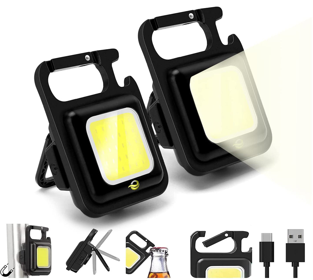 Mini COB Keychain Light - Rechargeable Small LED Flashlight, 800 Lumen, Portable 4 Light Modes Pocket with Folding Bracket Bottle Opener & Magnet Base, Emergency Camping Fishing Walking Work. (Pair)
