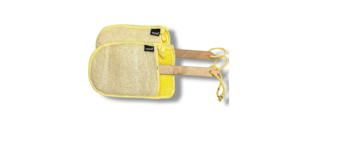 Treprof Tre-5114 Natural Oval Double-Faced Massage Loofah With Wooden Handle And Hook Strap For Bath, Spa, And Shower – Beige – Pack Of 2