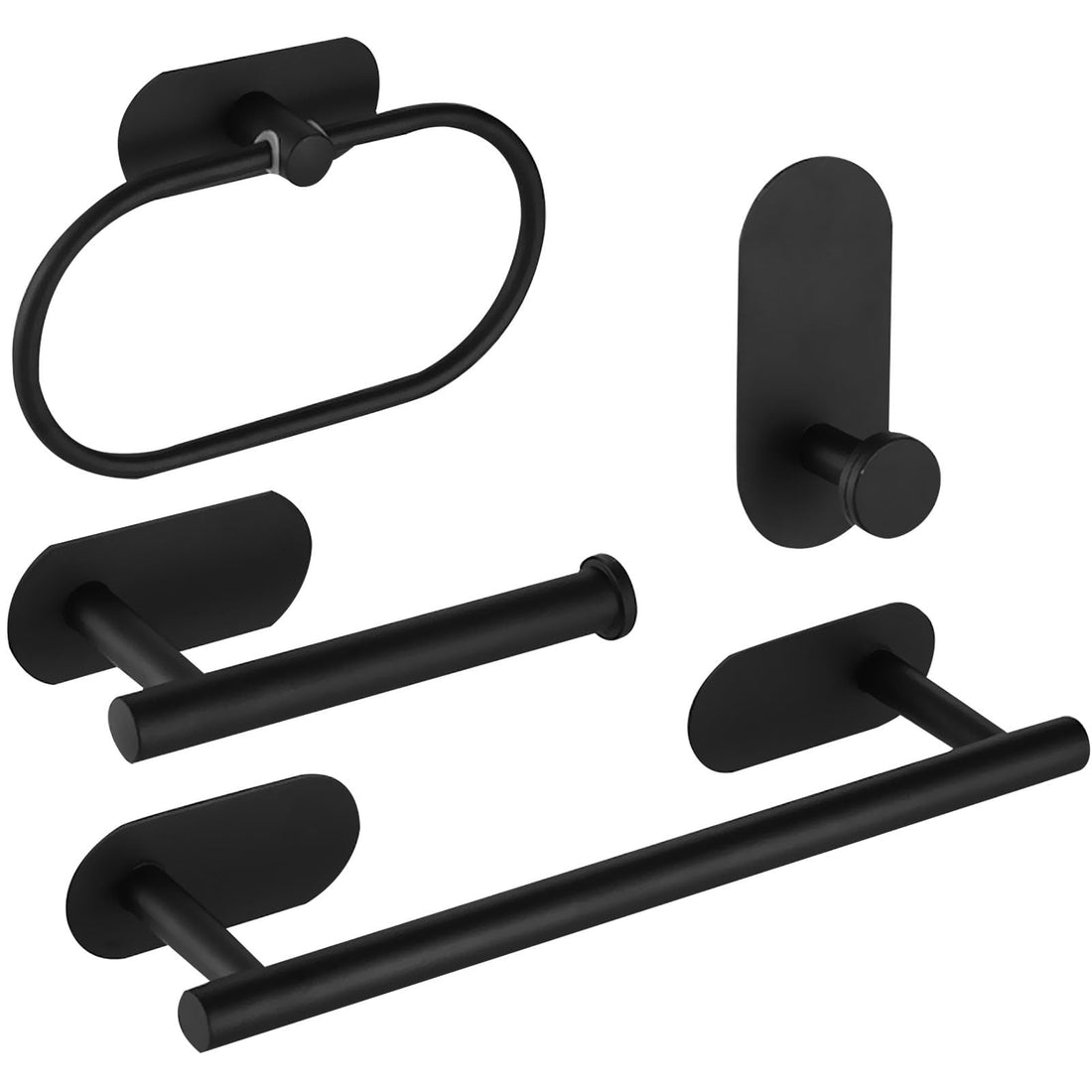 Beauenty 4 Pcs Bathroom Hardware Set, Stainless Steel Wall-mounted 40cm Towel Rack, Towel Ring, Toilet Paper Holder, Hook, No Drilling Installation Bathroom Accessory for Home and Hotel (Black)