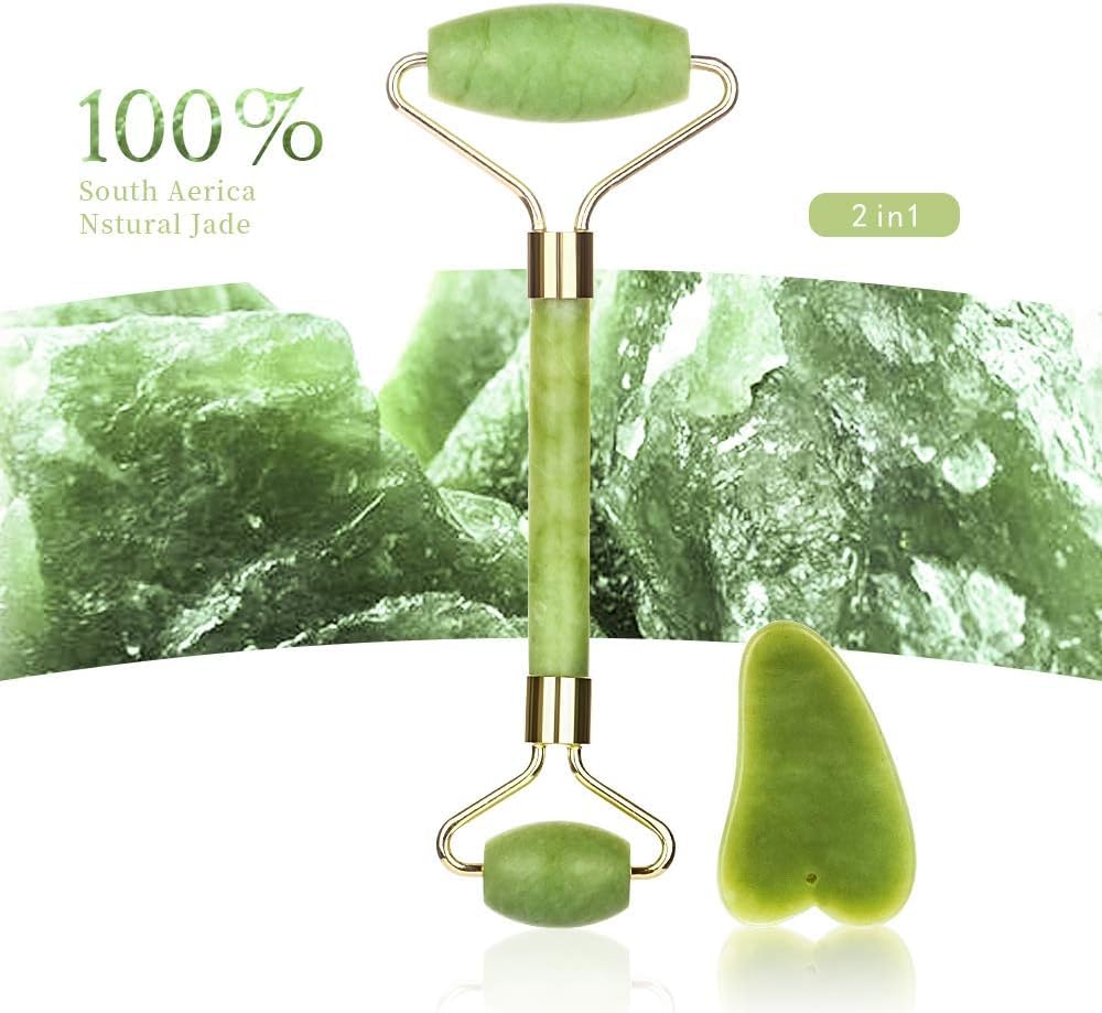 ZOZY Jade Roller & Gua Sha Set for Face and Neck, Real Natural Jade Stone Skincare Massage Tools, Cooling Facial Roller for Daily Beauty Routine, Helps Relax Skin and Improve Appearance