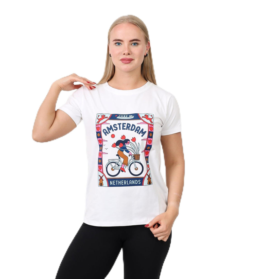 Amsterdam Netherlands Graphic Cotton T-Shirt, Bicycle Design with Hearts-2632N
