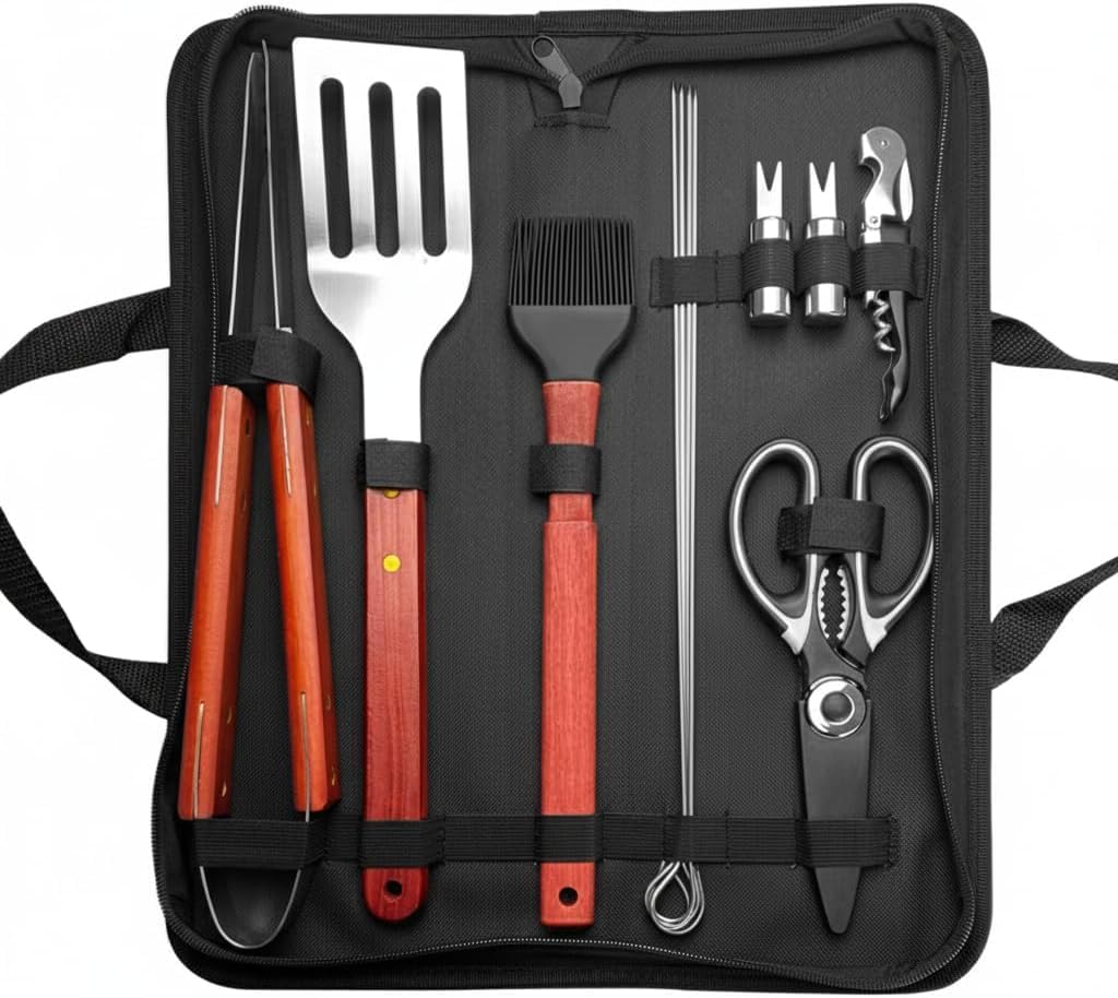 BBQ Accessories Set with Grill Brush & Cleaner – Heavy Duty Barbecue Tools Kit, BBQ Set with Spatula Fork Tongs Knife Skewers, Outdoor Grilling & Camping Use
