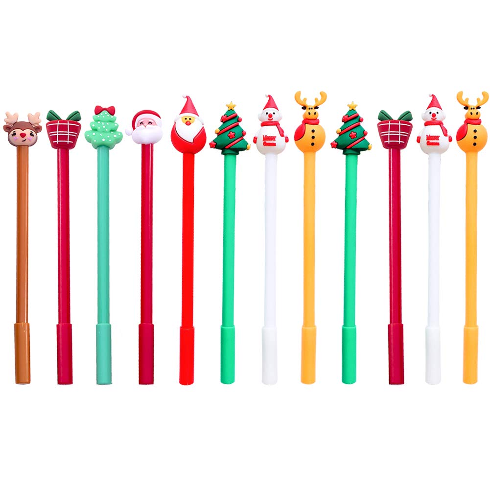 Christmas Gel Pen,12 Pack Mixed Xmas Soft Pottery Black Ink Roller Marker Pen for Office,Cartoon Elk Santa Snowman Xmas Tree Pens Party Gift Stationery Supplies