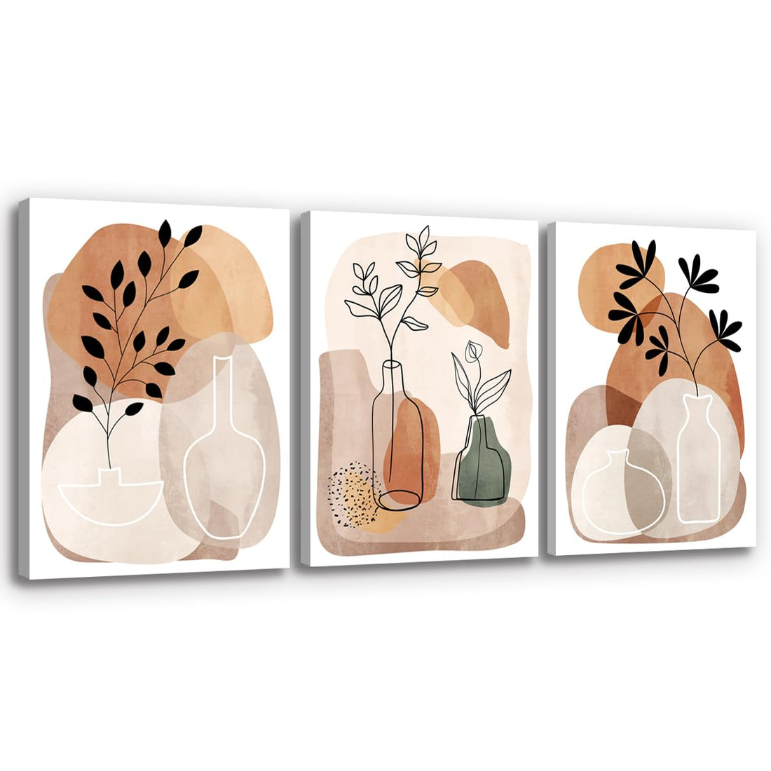 Living Room Wall Art Geometric Vase Abstract Painting Decoration, Boho Style Gray Canvas Artwork for Modern Home Walls Décor, Set of 3 (12x16)
