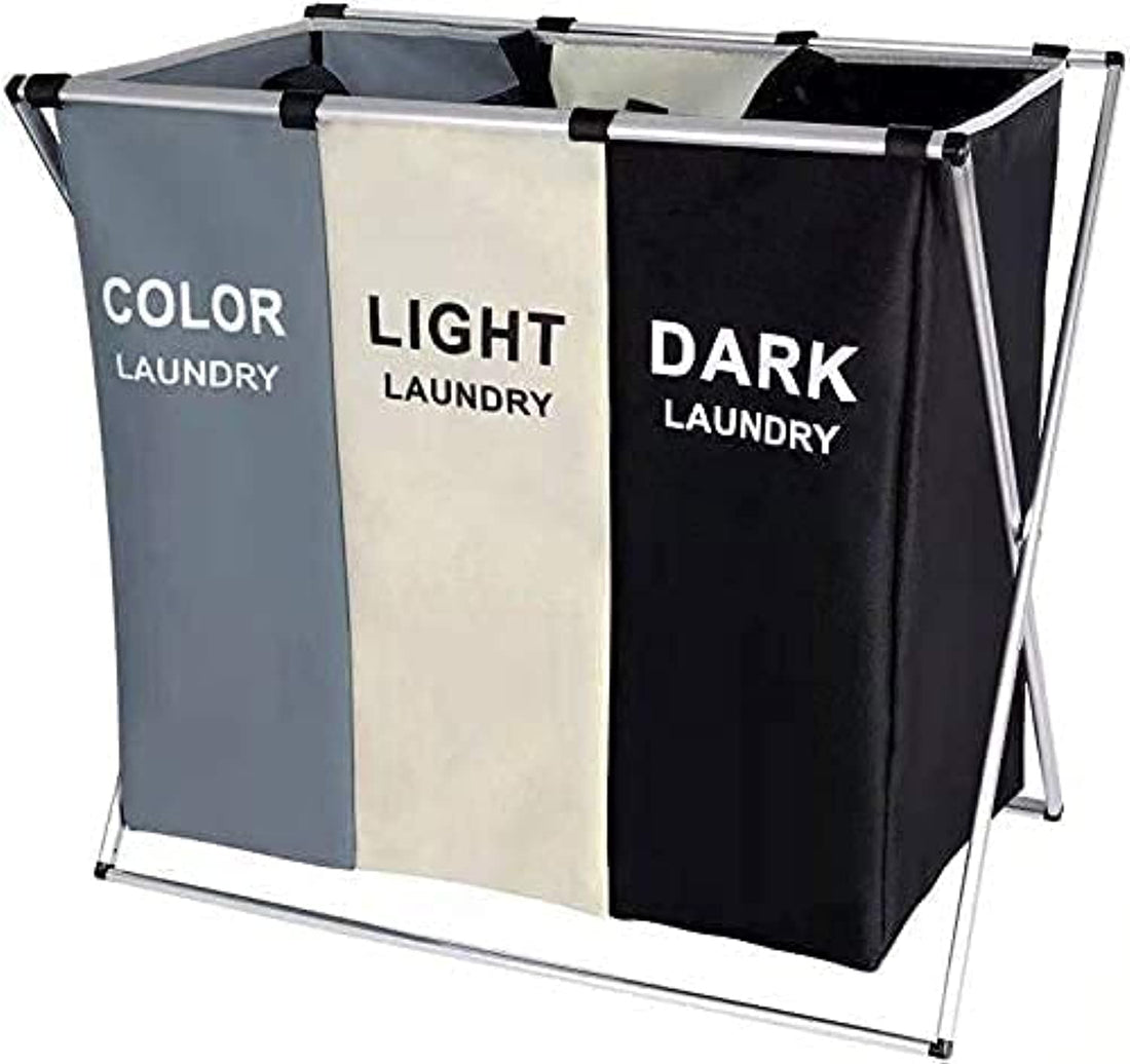 Showay laundry basket clothes hamper 135l 3 sections clothe sorter bin,foldable waterproof organizer bag with aluminum frame,washing storage dirty clothes basket for bathroom washroom bedroom