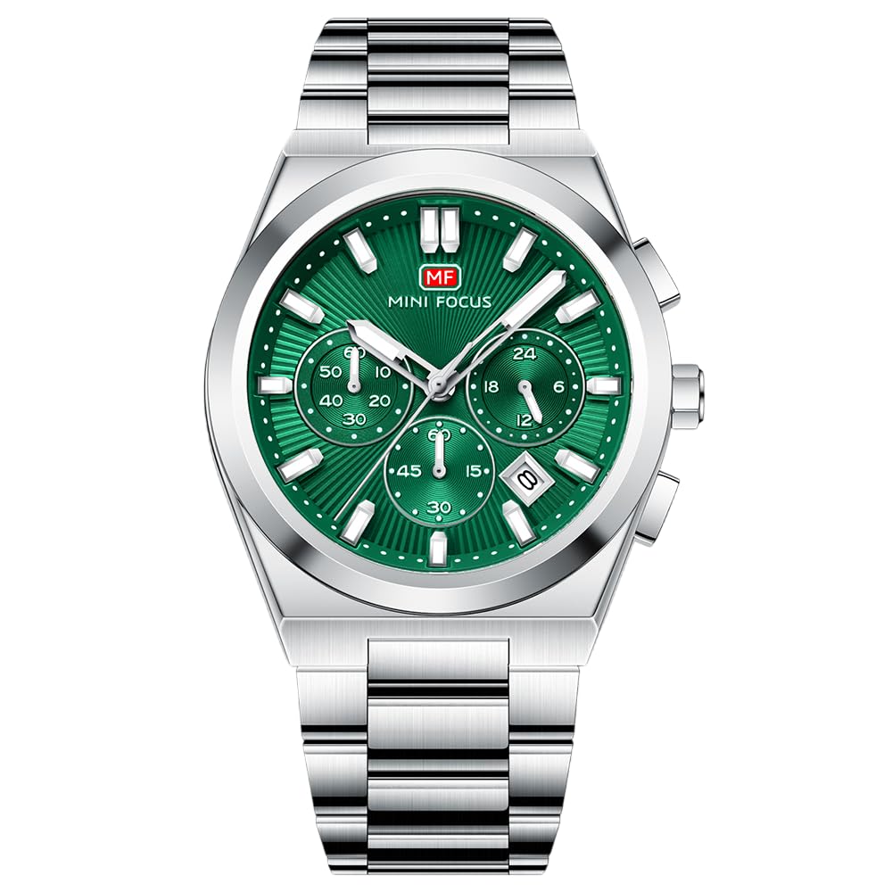 MF MINI FOCUS Men's Chronograph Watch with Stainless Steel Strap & Cobalt Dial & Date Display | Quartz Movement, 3 ATM Water Intake, 42Mm Round Case Wrist Watch for Business & Daily Styling (MF0614G)