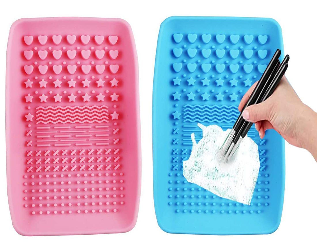 DELFINO Makeup Brush Cleaning Mat, 2 Pack Silicone Portable Scrubber Pad Cosmetic Washing Tool for Valentines Day Easy Thorough Clean and Carry Rinse the Brush Off (Pink and Blue)