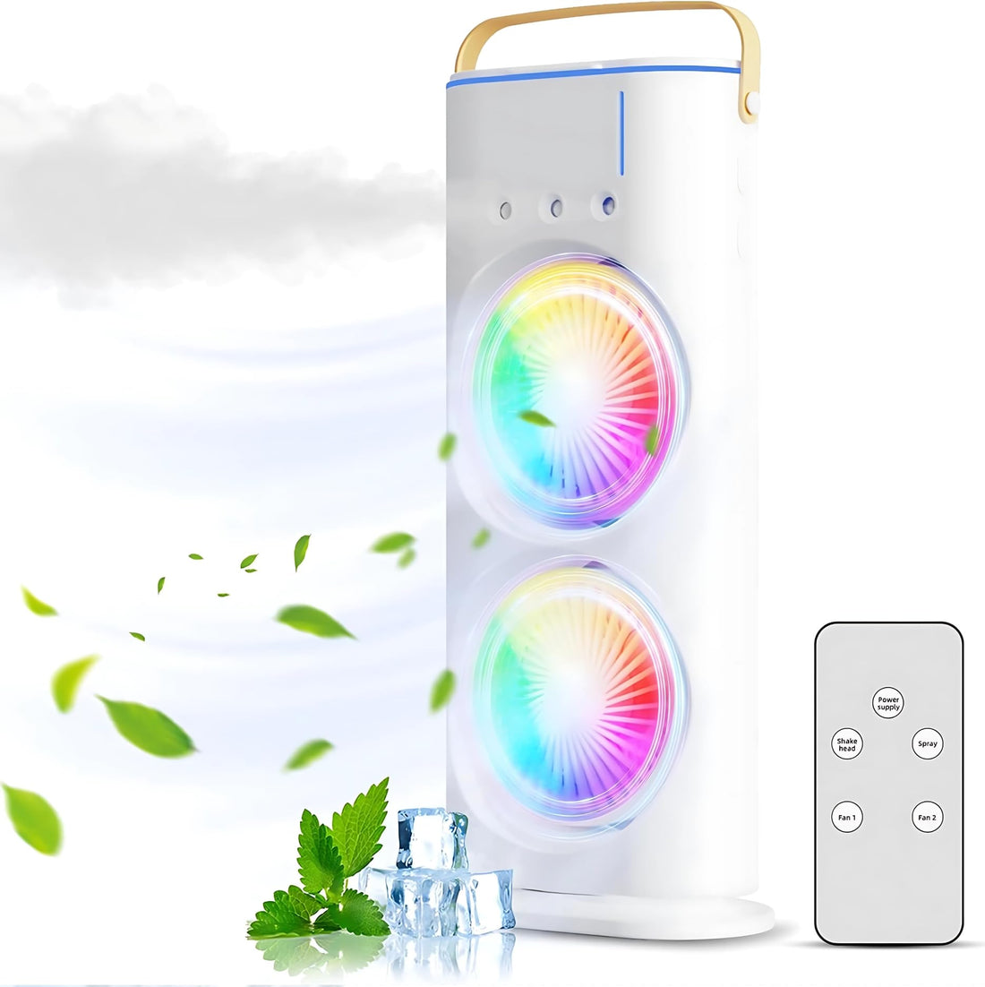Owme Portable Mini Air Coller Fan, Double-Ended Spray Cooling Fan With Mist Humidifier | Rechargeable USB FAN | with 5 Meter USB Cable Quite Mini Fan with Remote Controller | Mini Fan - WHITE