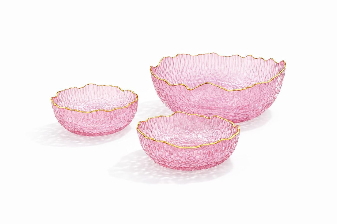 3 PCS Glass Bowl Set with Gold Rim – Premium Textured Glass Serving Bowls for Salad, Fruit, Snacks & Desserts, Elegant Tableware for Kitchen, Dining, Parties & Home Use (Pink with Gold Rim)