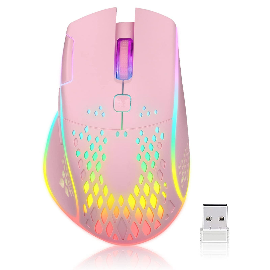 Wireless Gaming Mouse, C30 Silent Click Wireless Rechargeable Gaming Mouse with Double-Click Key and Colorful LED Lights, 3 Level Adjustable DPI for Gaming and Working (Pink)