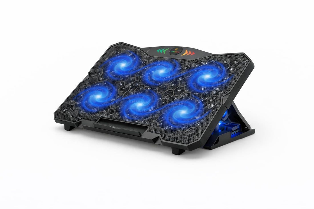 Professional laptop cooling pad with 6 fans, blue LED lighting, adjustable speed up to 3400 RPM, ergonomic design with adjustable angle, supports devices up to 19 inches, black - Model KL333