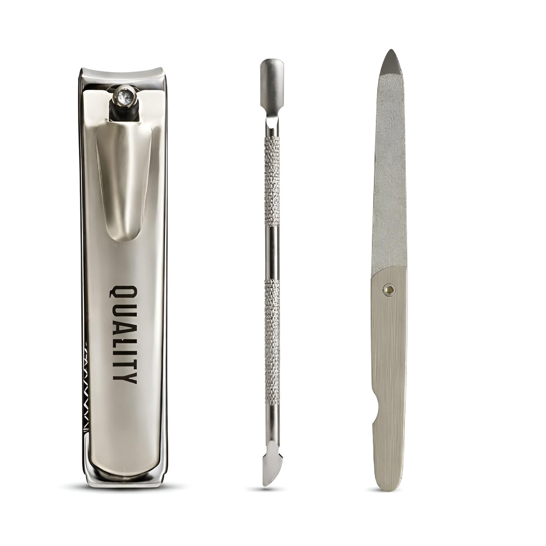 3PCS Stainless Steel Nail Care Set – Nail Clipper, Cuticle Pusher & Metal Nail File – Professional Manicure & Pedicure Grooming Tools for Home & Travel Use