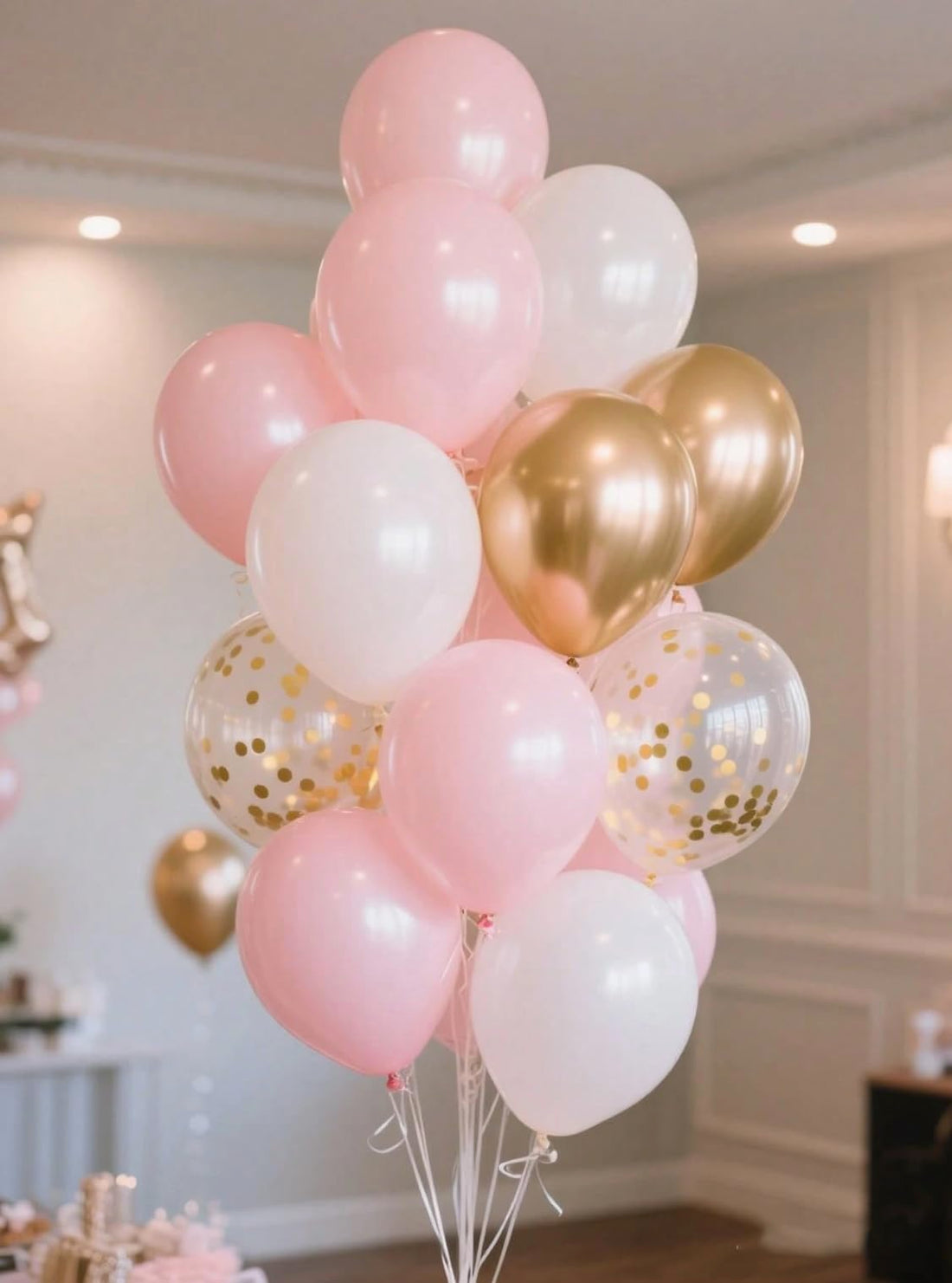 30pcs Pink, White And Metallic Gold Latex Balloon Set, 12inch Pastel Pink, Pearl White, Metallic Chrome Gold Confetti Latex Balloons, Pink Gold Party Balloons