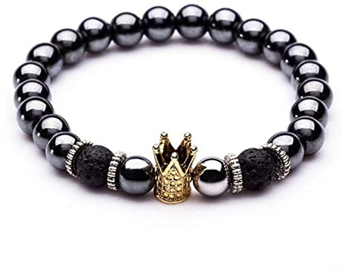 Charm Natural Stone Bracelets Golden And Black Crown Dumbbells Men Bracelets Hematite Beads Bracelet For Women Men-ST0785