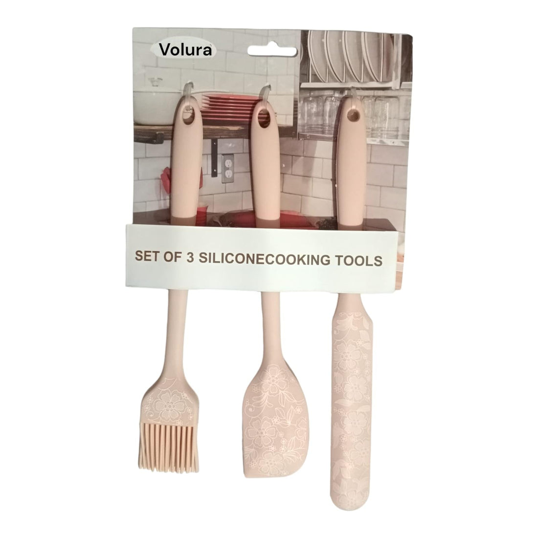 Silicone Cooking Utensils Set, 3 Pieces, Kashmiri Color, Pink Design, Brush, Mill and Spoon