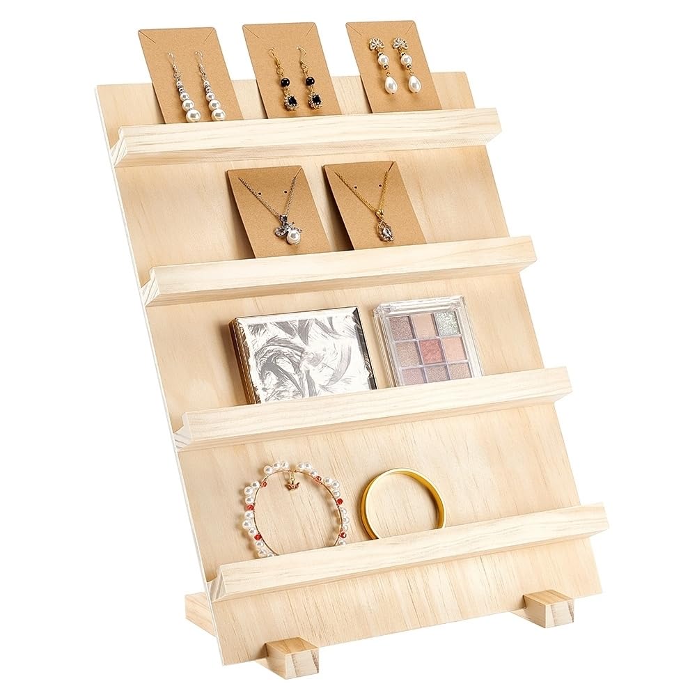 nbeads Wooden Earring Display Stands, 4 Layers Wooden Jewellery Display Business Card Holder Display with Base Stand for Home Shop, Shelf Spacing: 8.5 cm