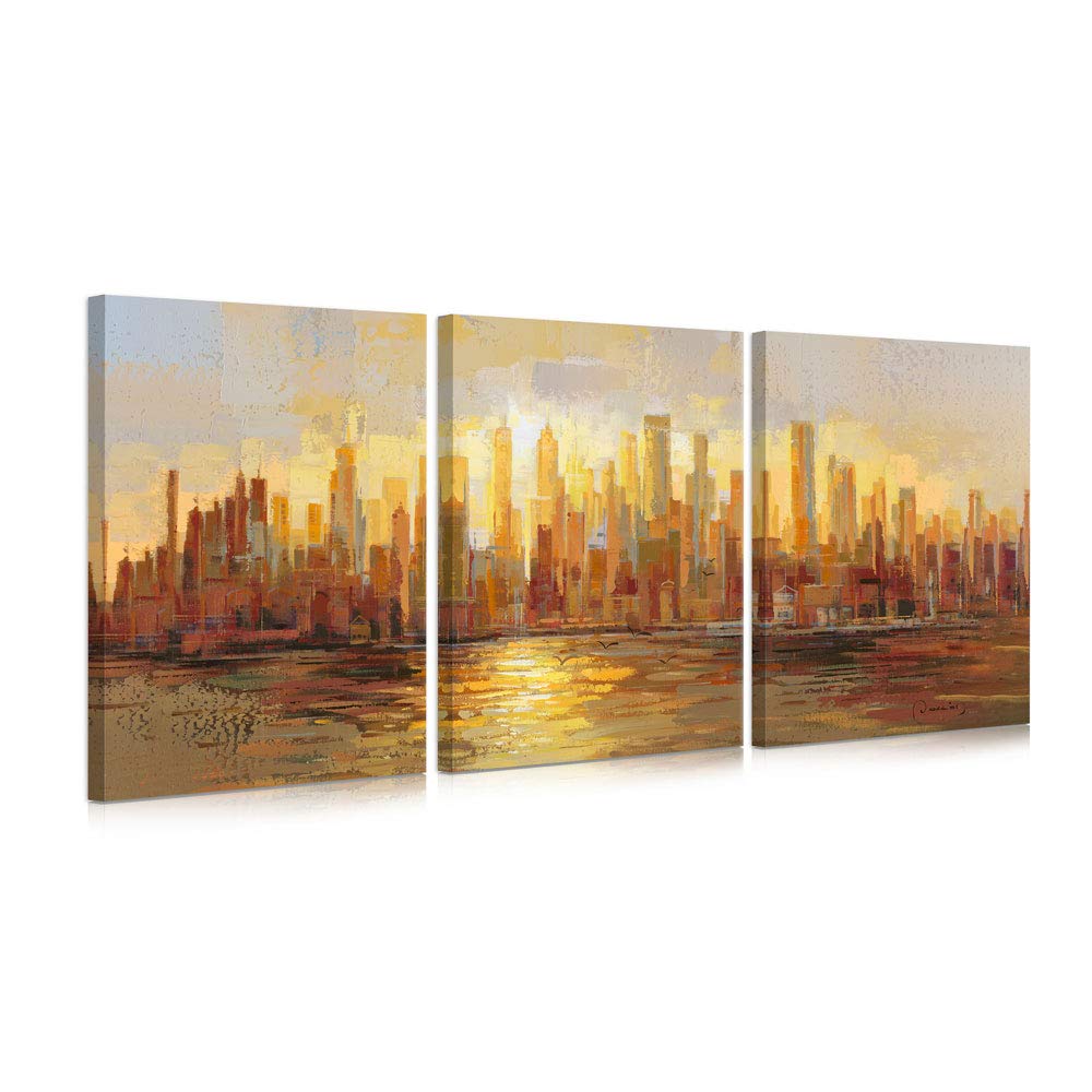 B BLINGBLING Abstract Golden Sunset City Skyline Wall Art Picture New York Cityscape Poster NYC Canvas Artwork Painting Decoration for Bedroom Stretched Easy to Hang (12"x16"x 3 Pieces)