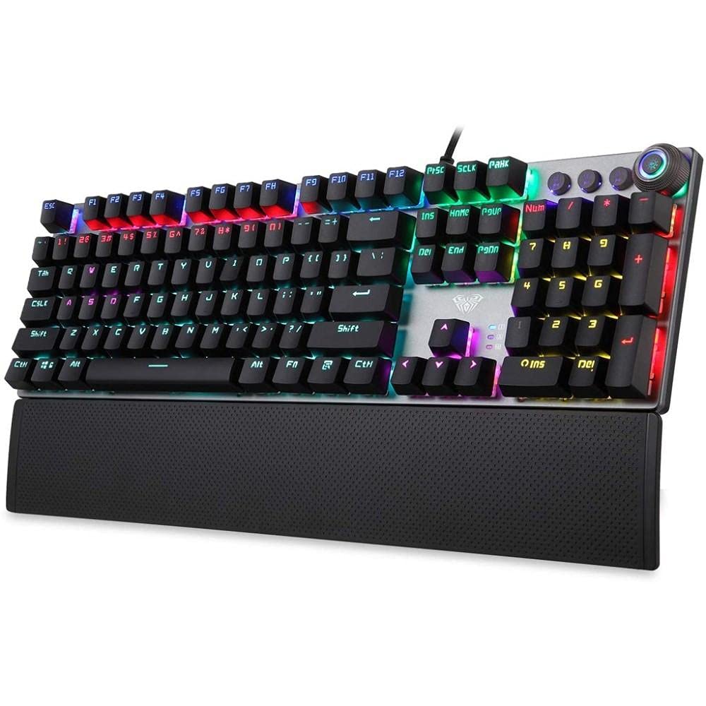 Aula F2058 Anti Ghosting Wind Gaming Mechanical Keyboard with Blue Switches Rainbow LED Lighting and Wrist Rest and Multimedia Keys