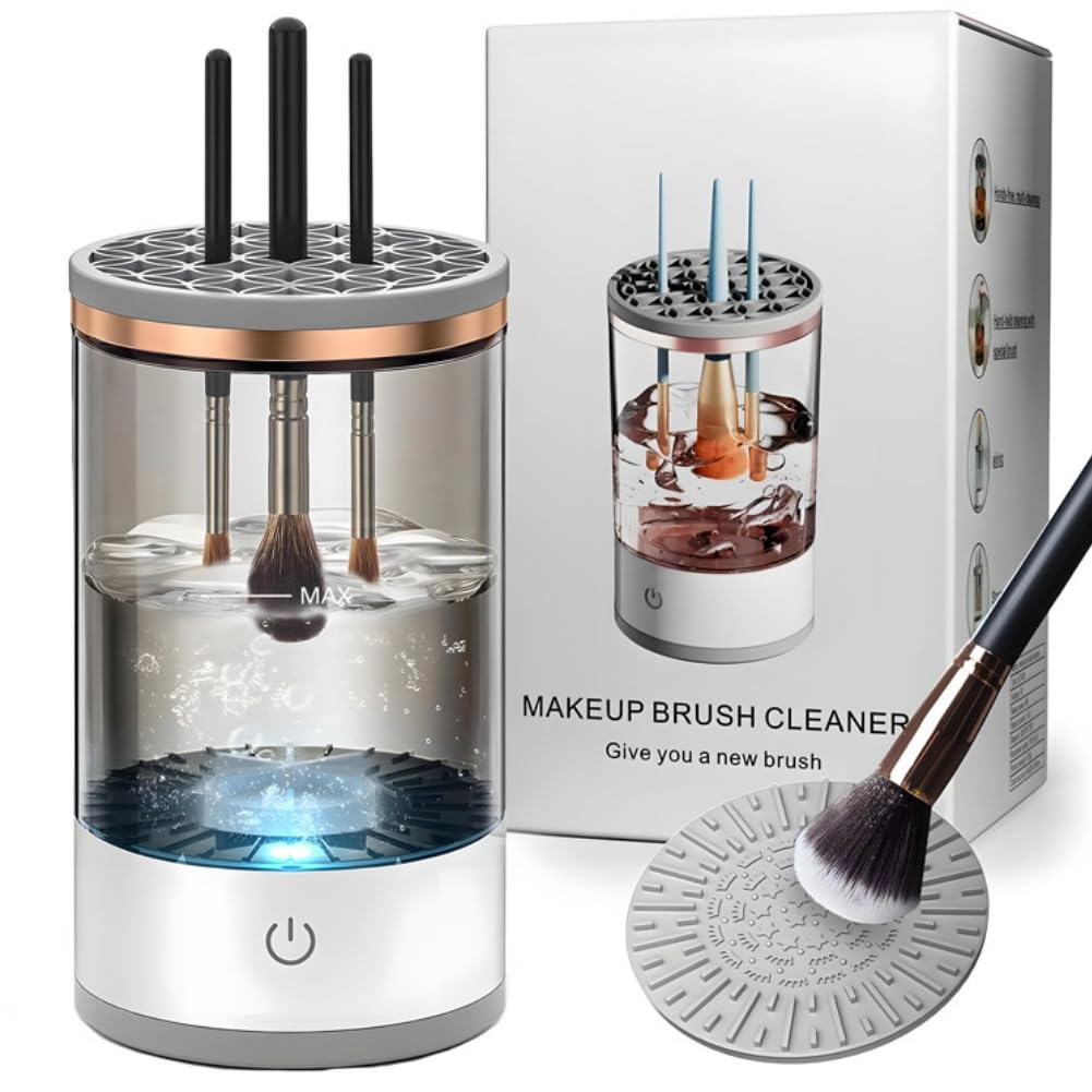 Makeup Brush Cleaner, Automatic Rotating Machine with Transparent Container, Multiple Brush Cleaning, Quick Dry, Automatic Spinner Brushes