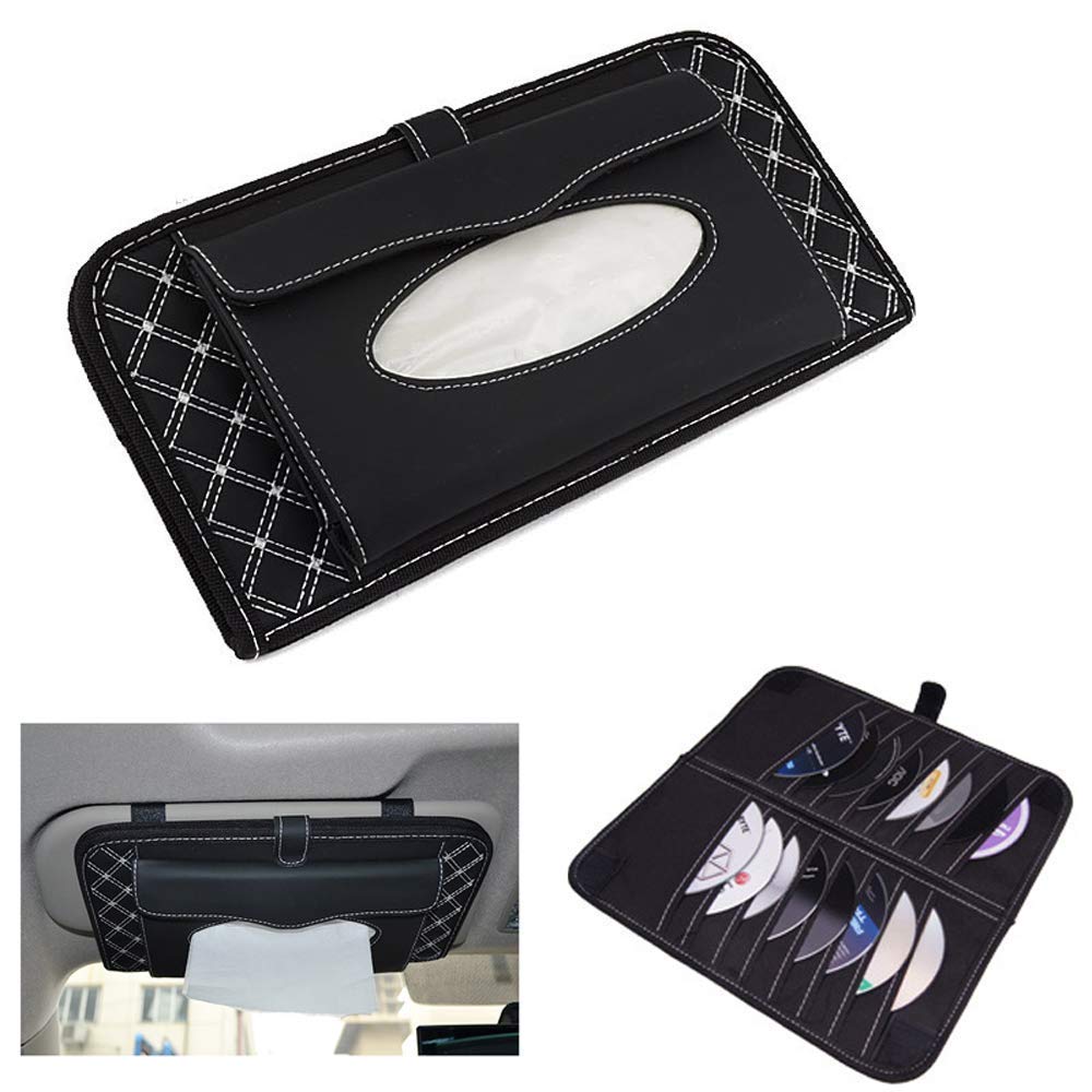 Yolu CD Visor Organizer,Car Sun Visor Tissue Bag Multi Function Double-Deck Auto Extra Car Vehicle Pocket,CD Holder Visor with Tissue Holder,16 Cd/DVD Slots Stored Safely CD Storage Cases for Car