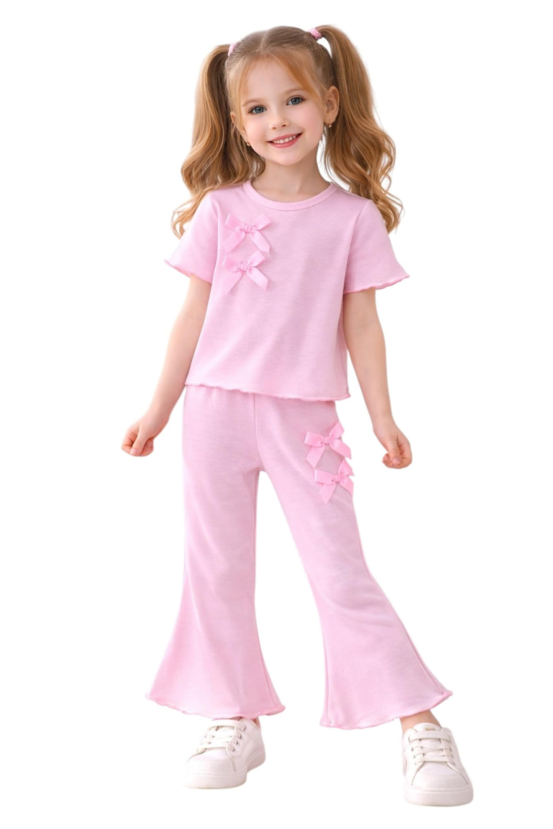 Miza Suit For Girls 2 Pieces, Half Sleeve T-Shirt & Wide Leg Pants With Bows, Summer Milton Elastic Cotton