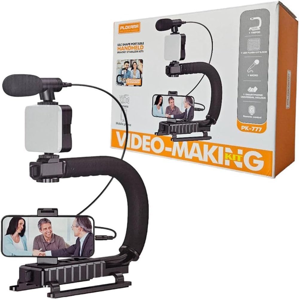 5-in-1 Video Rig Kit – Smartphone U-Rig Stabilizer with LED Light, Cardioid Microphone, Tripod Grip, and Bluetooth Remote – For YouTube, TikTok, Vlogging & Filmmaking (PK-777)
