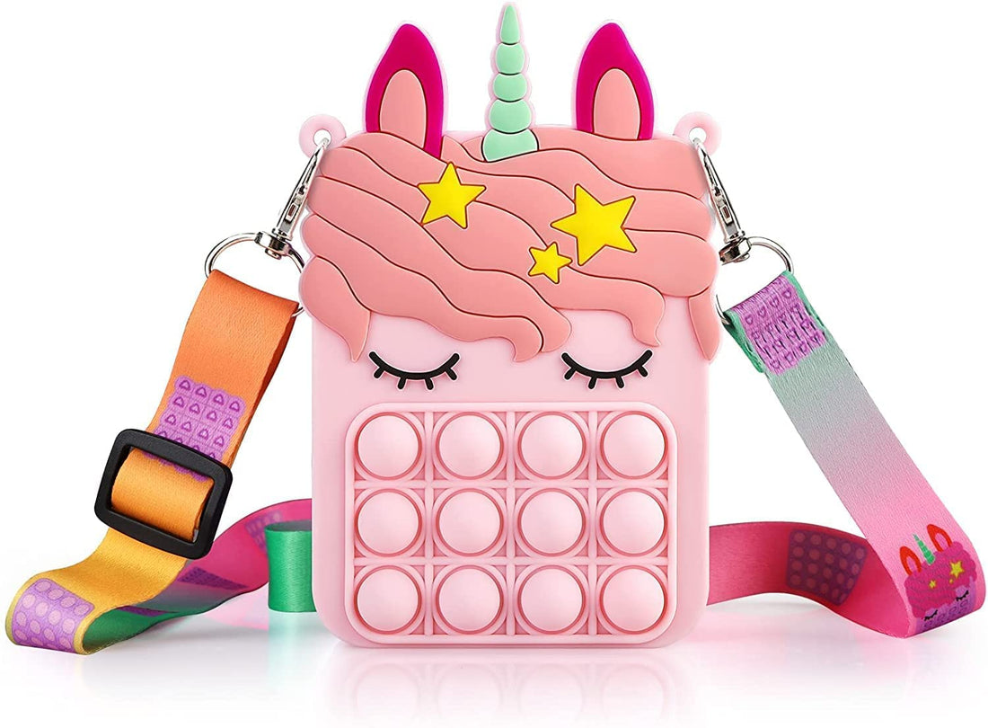 Lovely Sensory Silicone Cartoon Bag Toy for Kids, Pop Shoulder Bag for Girls and Women, Children's messenger bag,key case, coin purse, Squ Pink