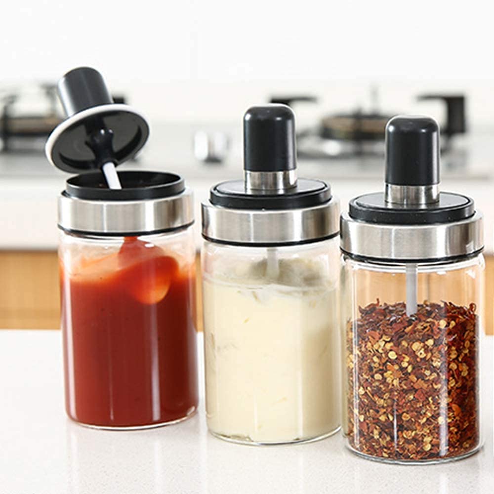 Hells Kitchen Spice Jar With Spoon High Borosilicate Glass Jar For Salt, Spice, Honey, Sugar, Ghee Storage Bottle Glass Container Jar 250ml (SET OF 2)(Transparent)